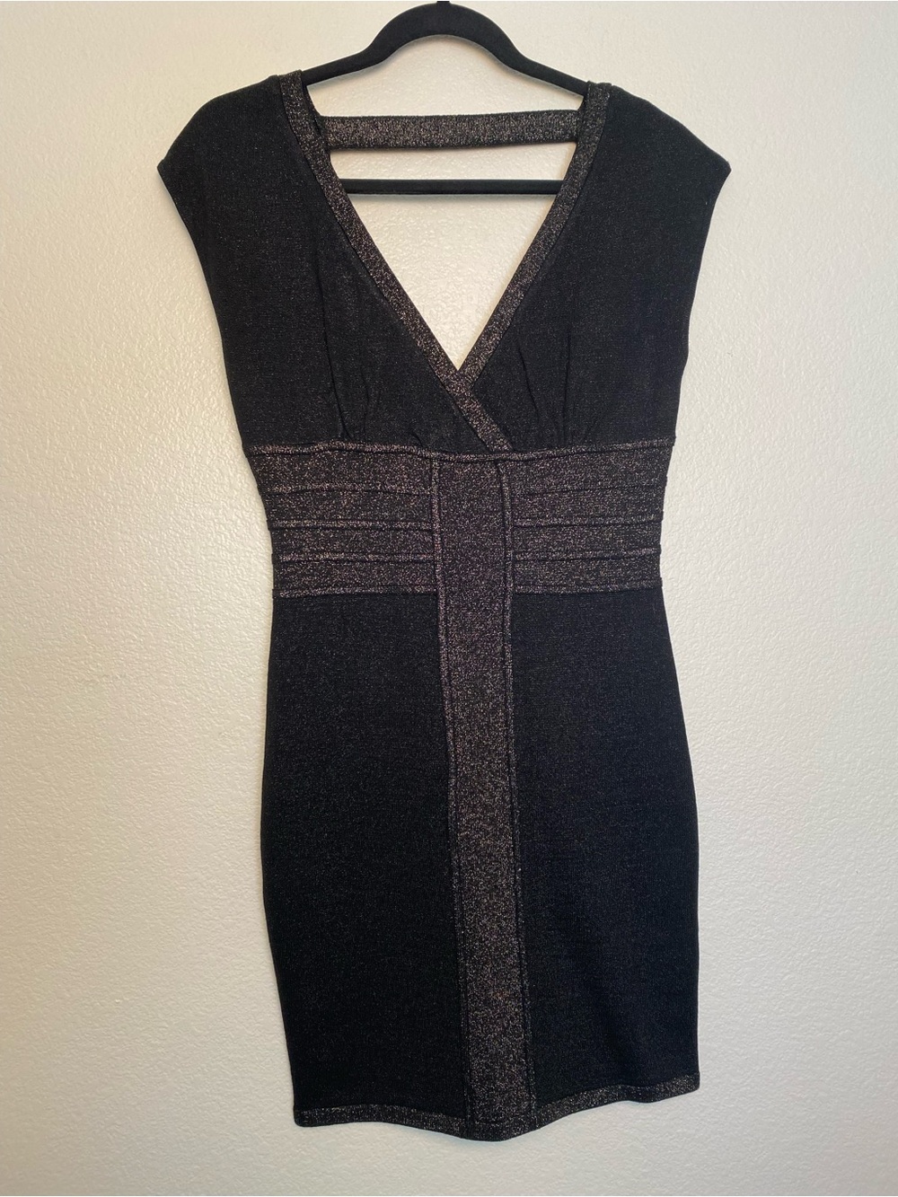 EUC Bebe Y2K Black Bandage Bodycon Club Dress Metallic Detail Size M